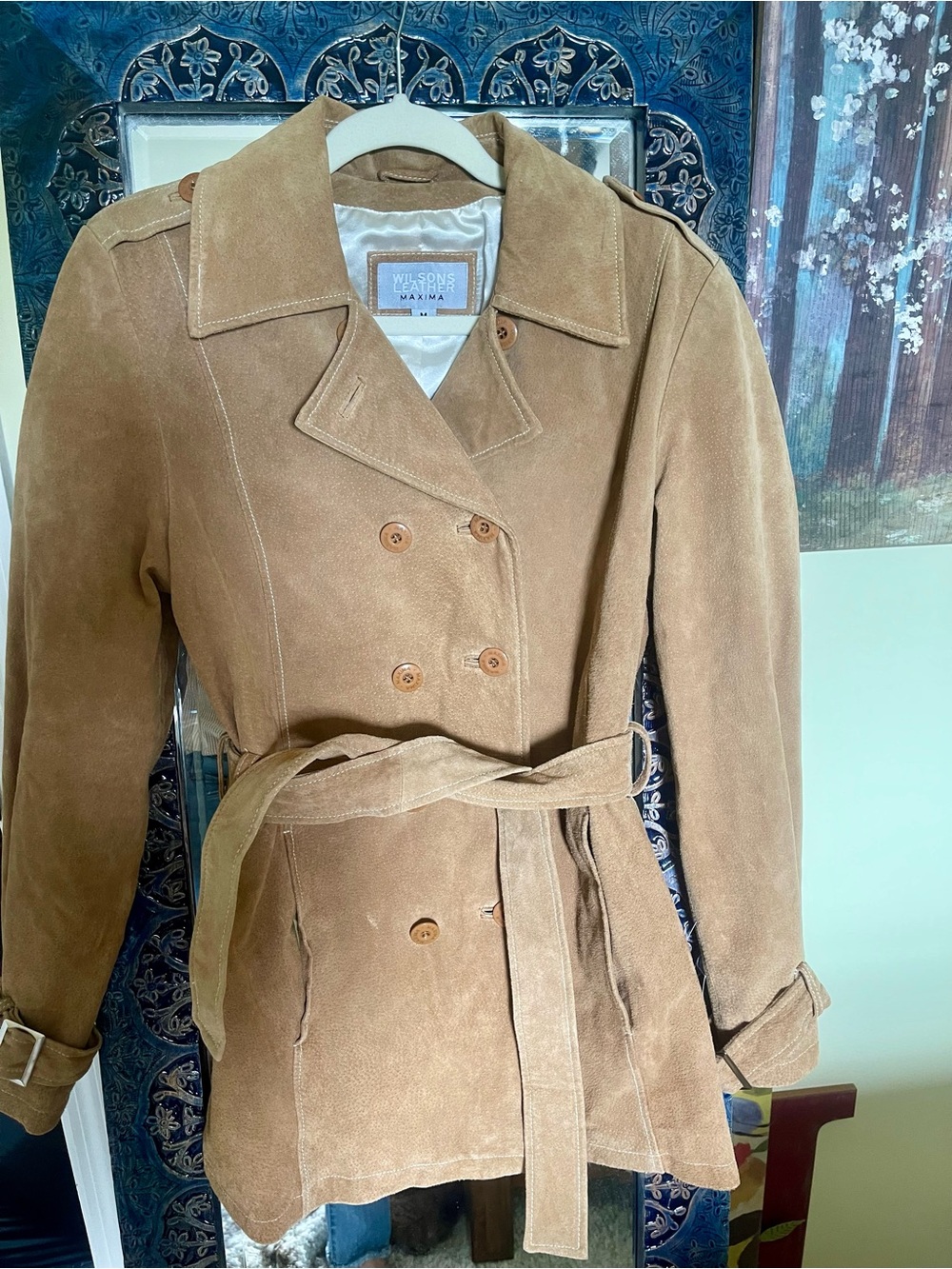 Wilsons Leather Maxima Tan Suede Double-Breasted Trench Coat